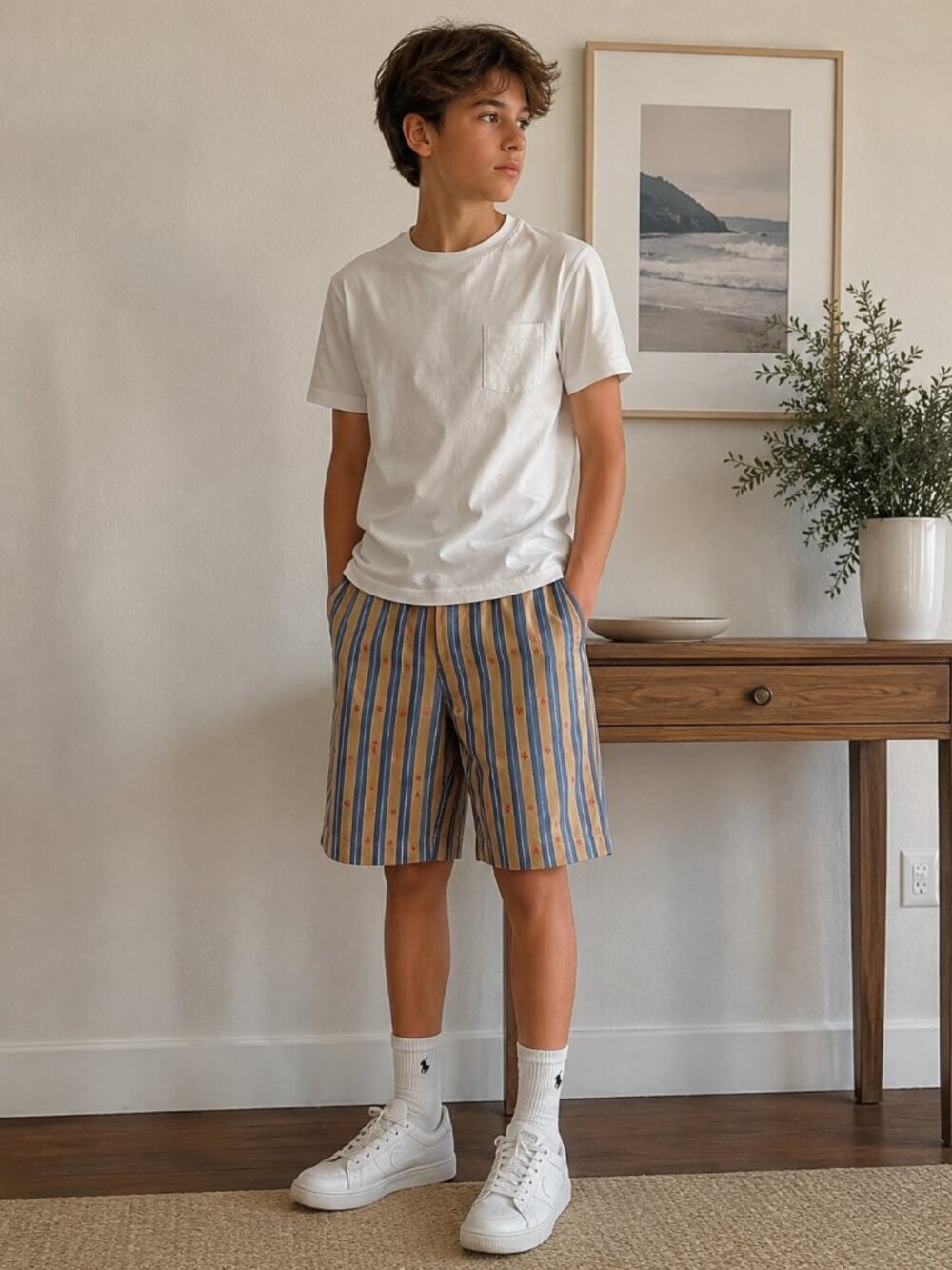 Gucci Kid's Striped Logo Embroidered Cotton Oxford Bermuda Shorts 12 Years NWT